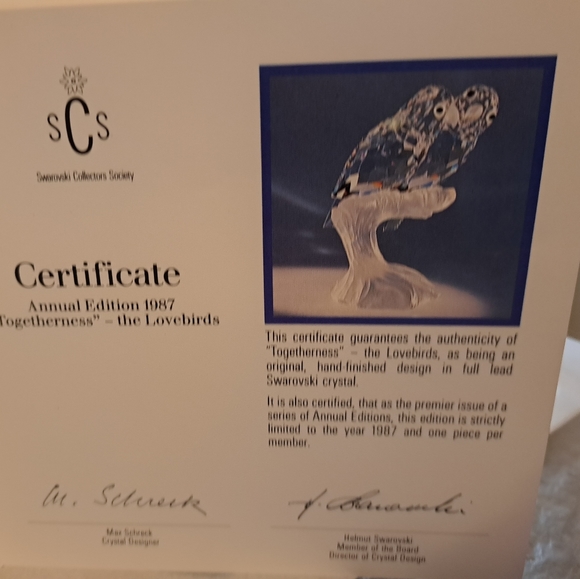 RARE 1987 Swarovski crystal Lovebirds figurine w certificate - Picture 7 of 7